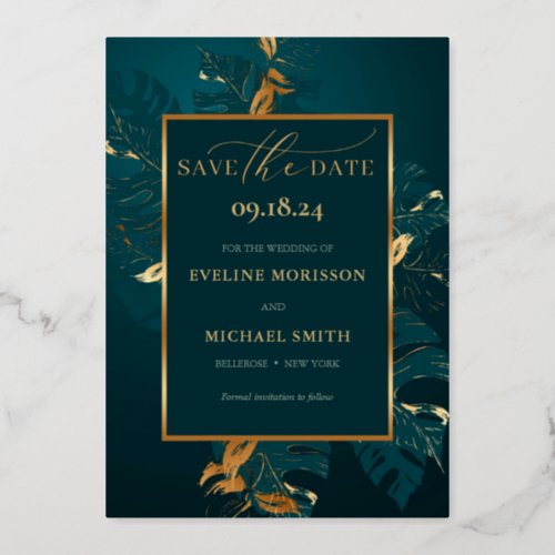 Emerald green monstera gold foil save the date foil invitation