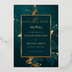 Emerald green monstera gold foil save the date invitation