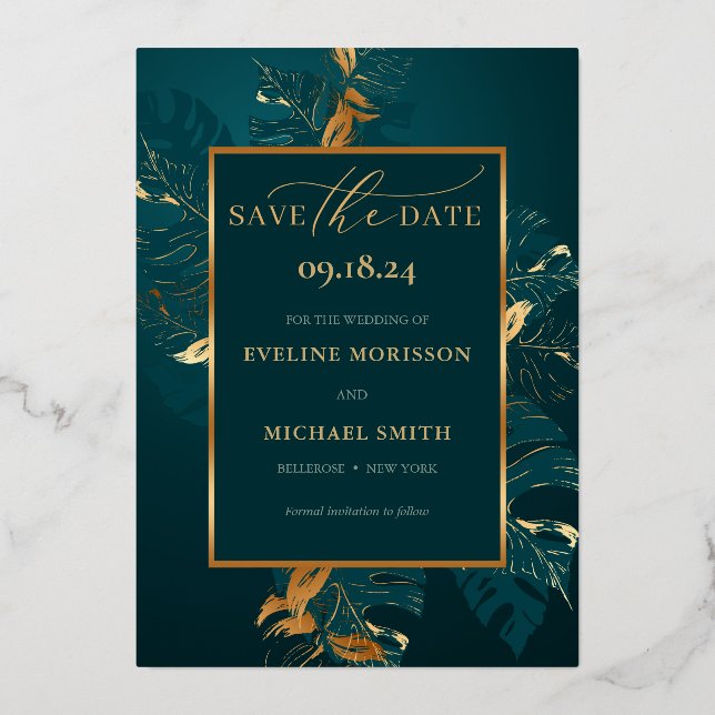 Emerald green monstera gold foil save the date invitation (Front)