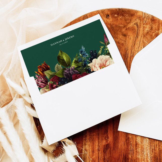 Emerald Green Moody Burgundy Winter Floral Wedding Envelope Liner (Creator Uploaded)