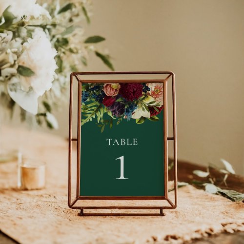 Emerald Green Moody Floral Burgundy Wedding  Table Number