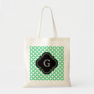 Emerald Green Moroccan Quatrefoil Monogram Black Tote Bag