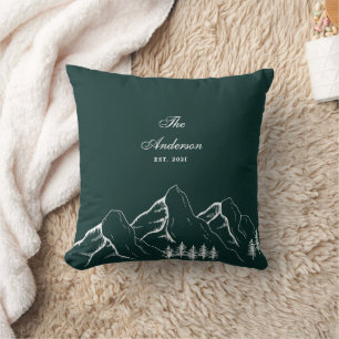 Emerald Green Mountain Pine Tree Family Throw Pillow