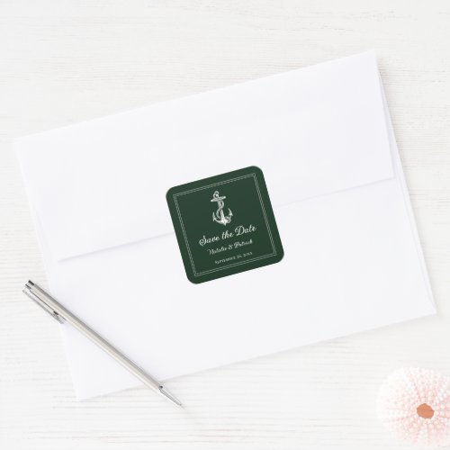 Emerald Green Nautical Anchor Save the Date Square Sticker