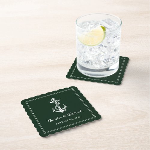 Emerald Green Nautical Anchor Wedding Paper Coaster