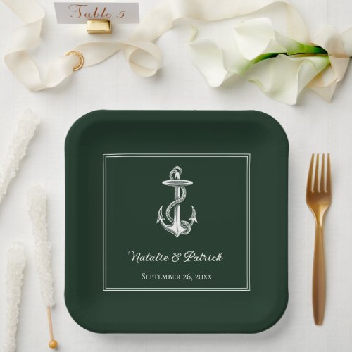 Emerald Green Nautical Anchor Wedding Paper Plates