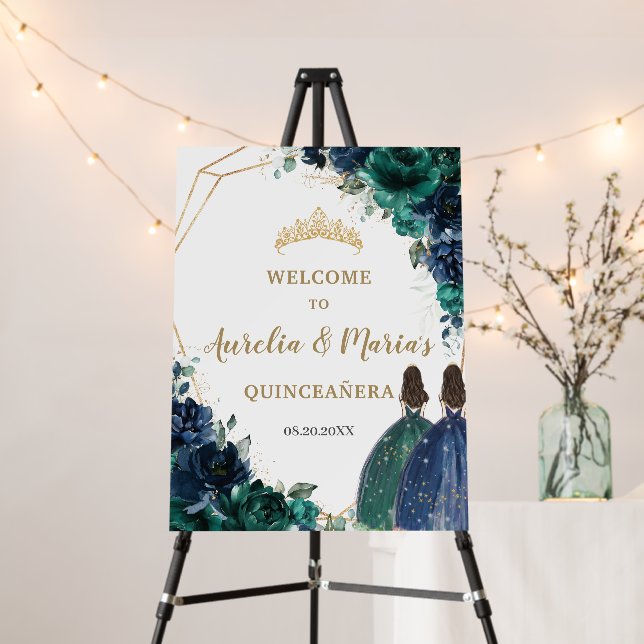 Emerald Green Navy Blue Floral Twins Quinceañera Foam Board (In Situ (Stand))