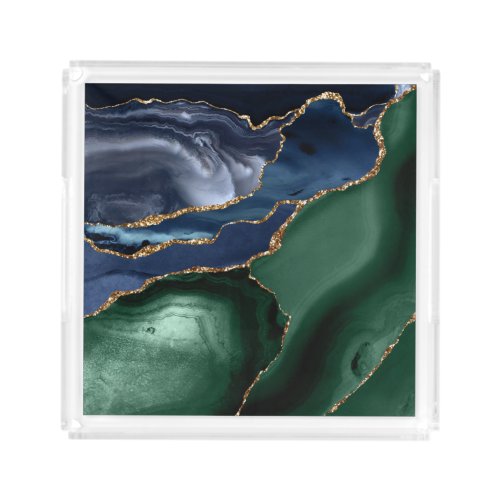 Emerald Green Navy Blue Gold Agate Acrylic Tray