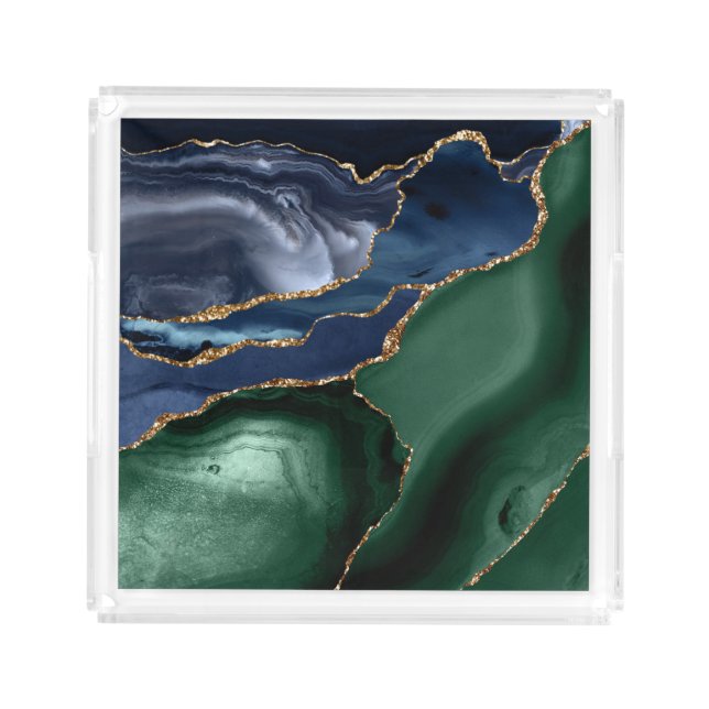 Emerald Green Navy Blue Gold Agate Acrylic Tray (Front)