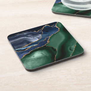 Emerald Green Navy Blue Gold Agate Beverage Coaster