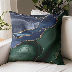 Emerald Green Navy Blue Gold Agate Throw Pillow