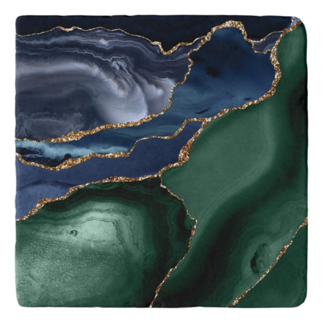 Emerald Green Navy Blue Gold Agate Trivet (Front)