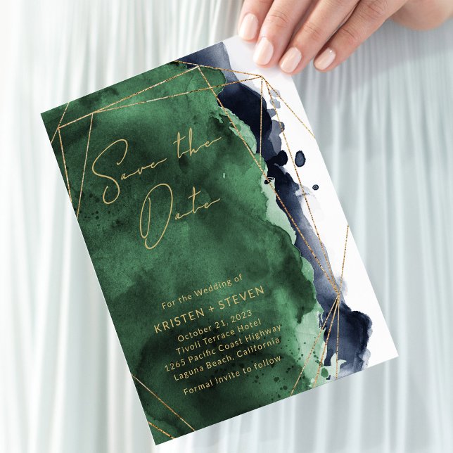 Emerald Green & Navy Blue Watercolor Save The Date Invitation (Creator Uploaded)