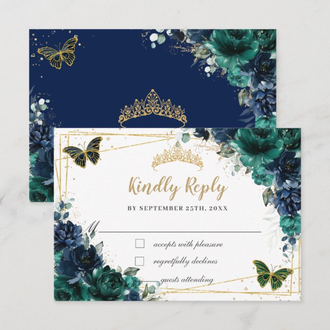 Emerald Green Navy Floral Butterflies Quinceañera RSVP Card (Front/Back)