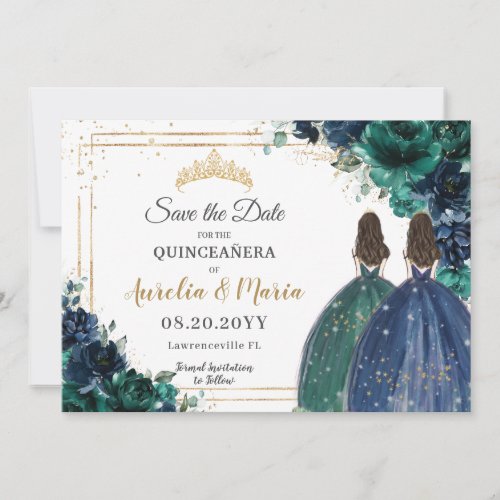 Emerald Green Navy Floral Princesses Quinceaera Save The Date
