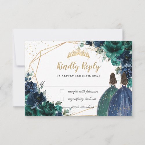 Emerald Green Navy Floral Twins Quinceaera Reply RSVP Card