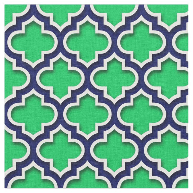 Emerald Green Navy White Moroccan Quatrefoil #5DS Fabric (Close Up)