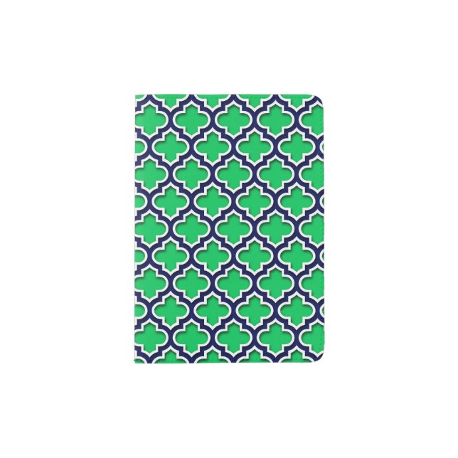 Emerald Green Navy White Moroccan Quatrefoil #5DS Passport Holder (Front)