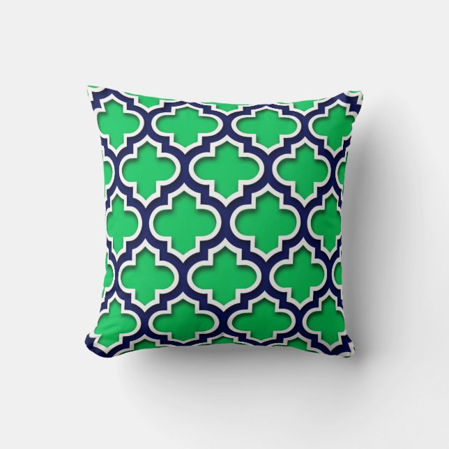 Emerald Green Navy White Moroccan Quatrefoil #5DS Throw Pillow (Front)