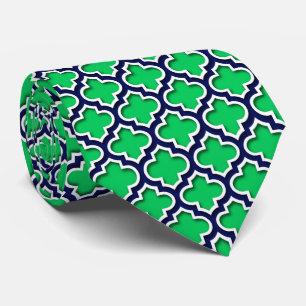 Emerald Green Navy White Moroccan Quatrefoil #5DS Tie