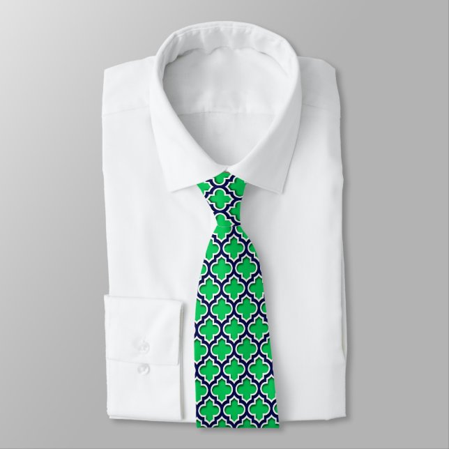 Emerald Green Navy White Moroccan Quatrefoil #5DS Tie (Tied)