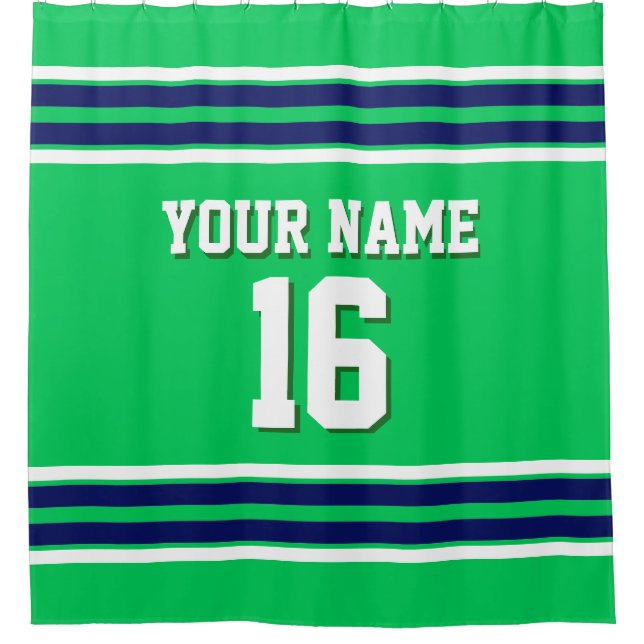 Emerald Green Navy White Stripes Sports Jersey Shower Curtain (Front)