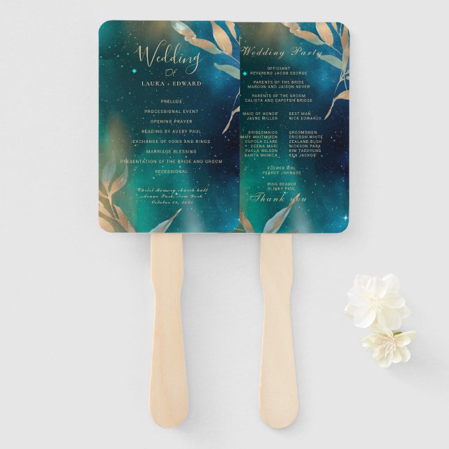 Emerald green nebula galaxy night sky golden foil  hand fan (Front and Back)