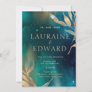 Emerald green nebula galaxy night sky golden foil invitation