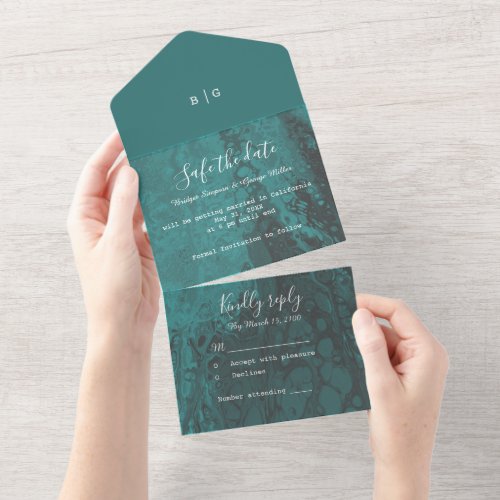 emerald green ocean marble wedding safe the date all in one invitation