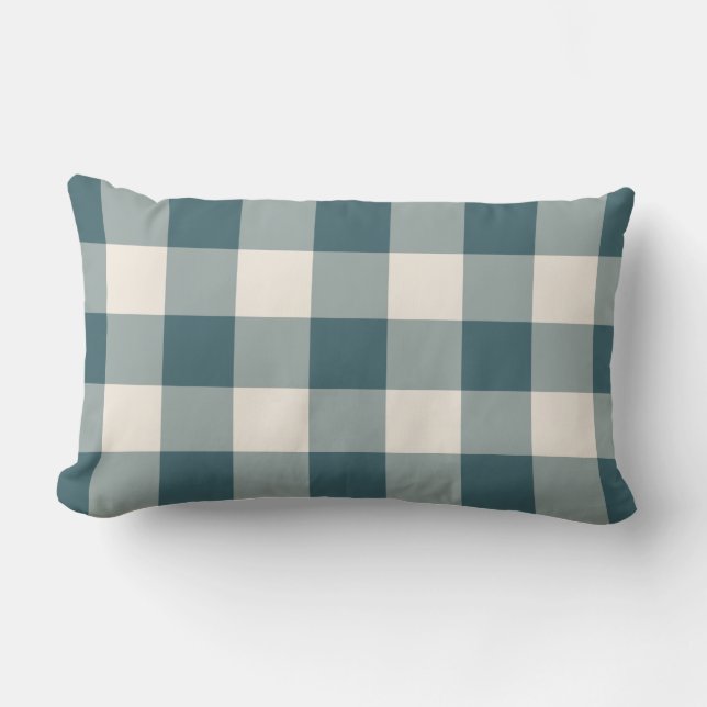 Emerald Green Off-White Gingham Pattern Checkered Lumbar Pillow (Front)