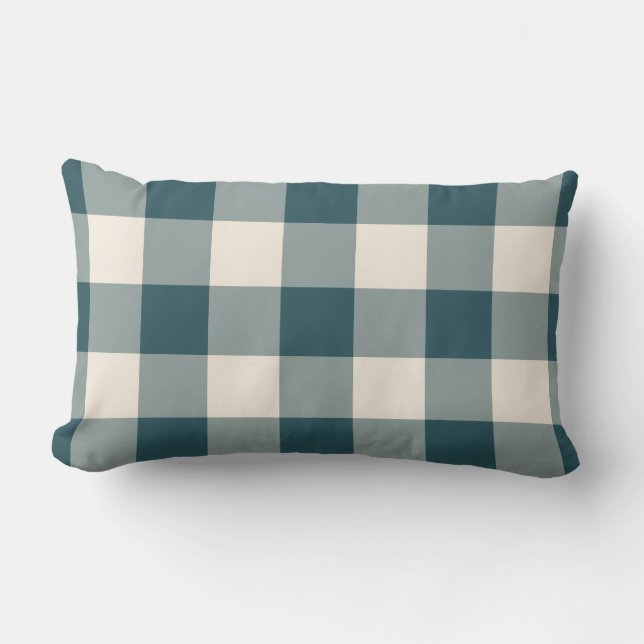 Emerald Green Off-White Gingham Pattern Checkered Lumbar Pillow (Front)