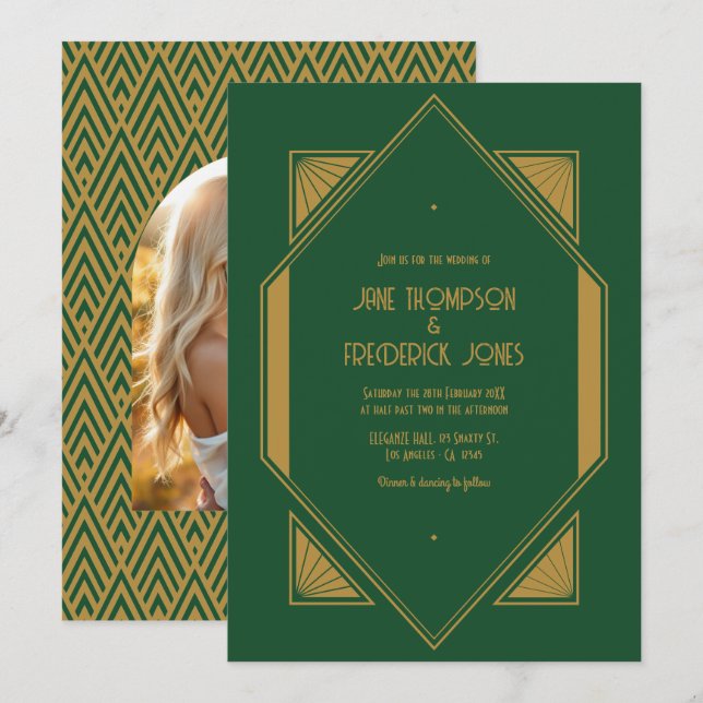 Emerald Green & Old Gold Art Deco Wedding Photo Invitation (Front/Back)