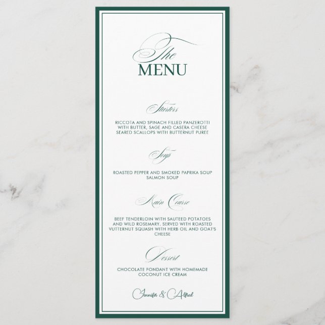 Emerald Green Old Money Wedding Dinner Menu Card (Front)