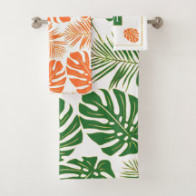 Emerald green, orange tropical leaves and monogram