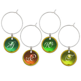 EMERALD GREEN,ORANGE YELLOW GEMSTONES MONOGRAM WINE GLASS CHARM