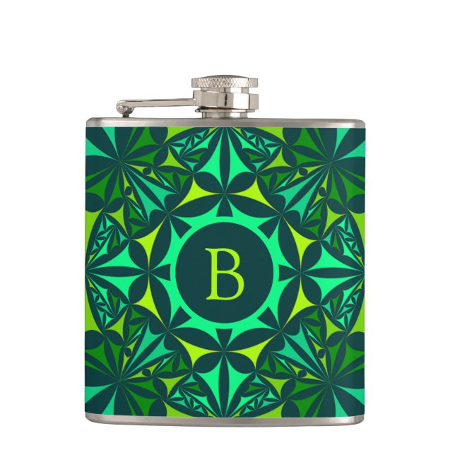Emerald Green Ornate Kaleidoscope Monogram Flask (Front)