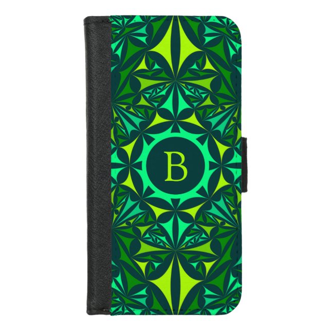 Emerald Green Ornate Kaleidoscope Monogram iPhone Wallet Case (Front)