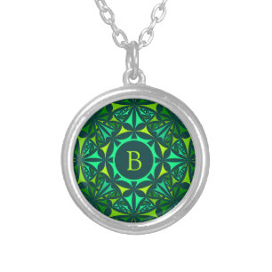 Emerald Green Ornate Kaleidoscope Monogram Silver Plated Necklace