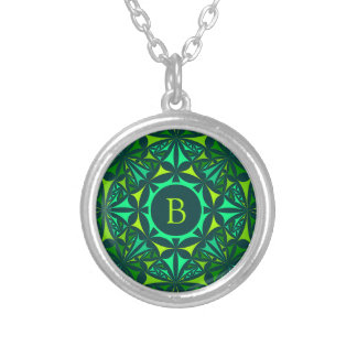 Emerald Green Ornate Kaleidoscope Monogram Silver Plated Necklace