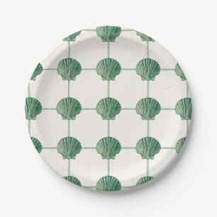 Emerald Green Painted Coastal Seashell Checkers Paper Plates