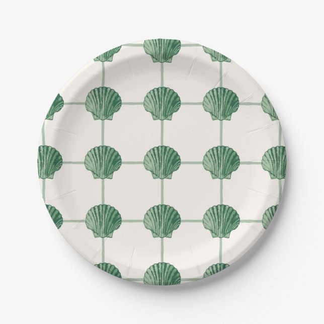 Emerald Green Painted Coastal Seashell Checkers Paper Plates (Front)