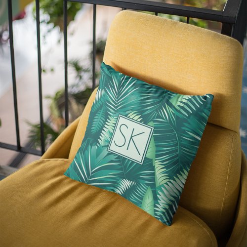 Emerald Green Palm Jungle Leaves w Initials Throw Pillow