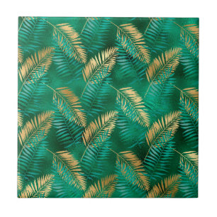 Emerald Green Palm Leaf Bright Golden Jungle Ceramic Tile