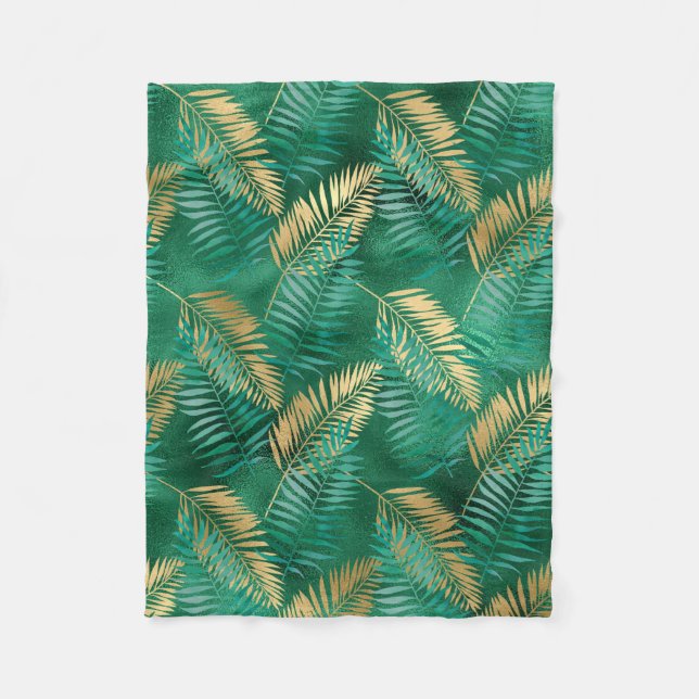 Emerald Green Palm Leaf Bright Golden Jungle Fleece Blanket (Front)