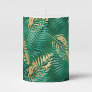 Emerald Green Palm Leaf Bright Golden Jungle Pillar Candle