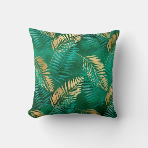 Emerald Green Palm Leaf Bright Golden Jungle Throw Pillow