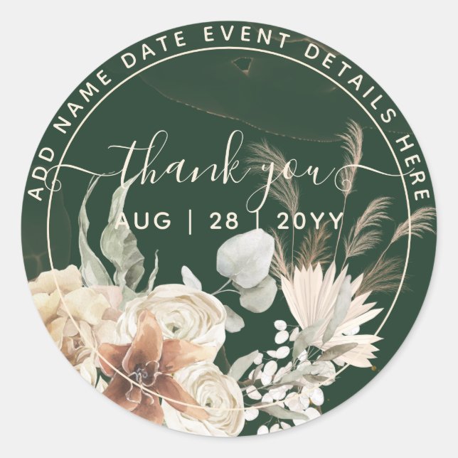 Emerald Green Pampas Grass Thank You Favor Classic Round Sticker (Front)