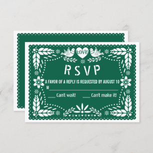 Emerald green papel picado love bird wedding RSVP card