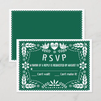 Emerald green papel picado love bird wedding RSVP card