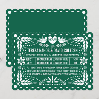 Emerald green papel picado love birds wedding invitation
